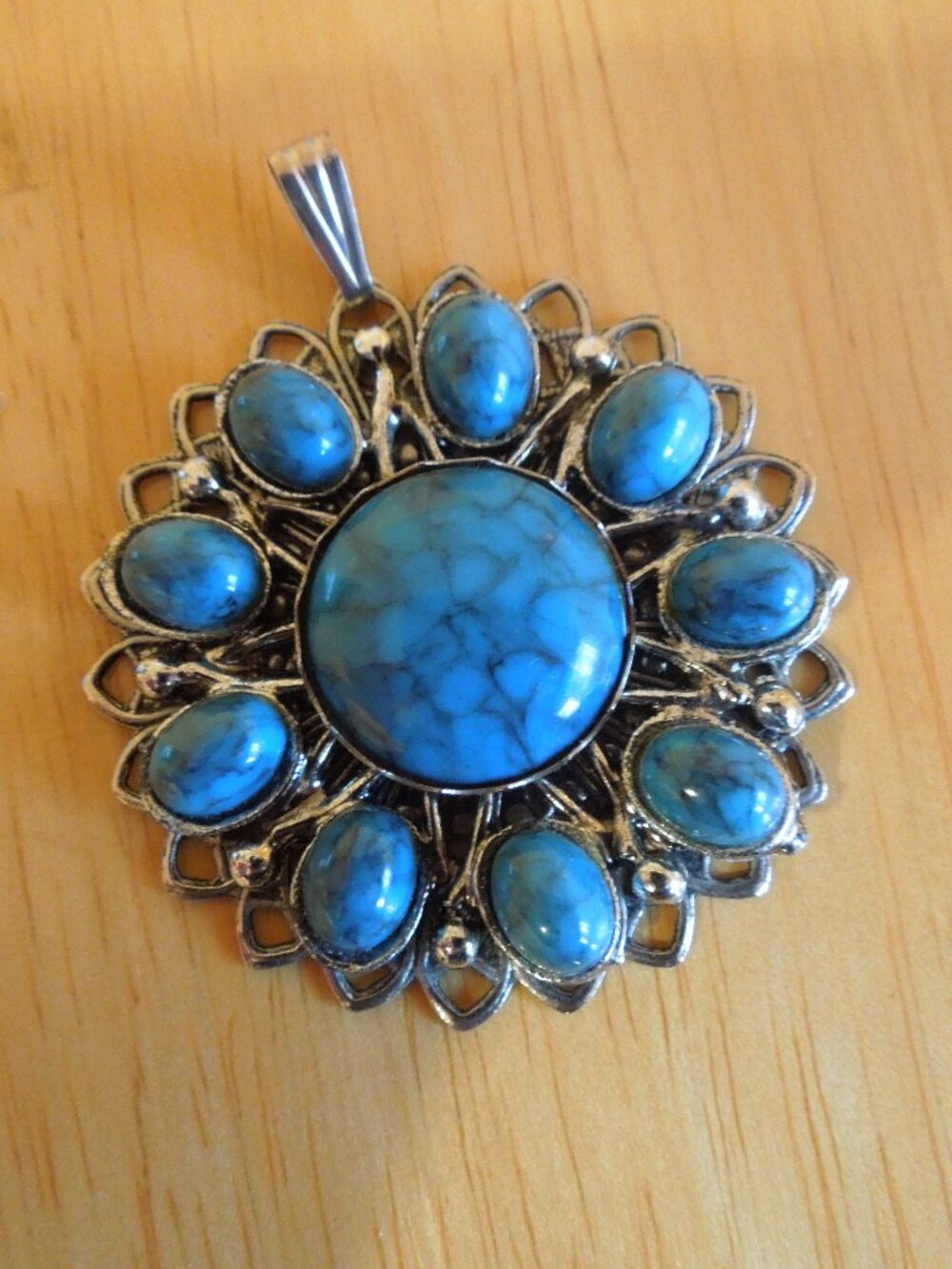 Vintage Faux Turquoise and Silver Sunburst Pendant